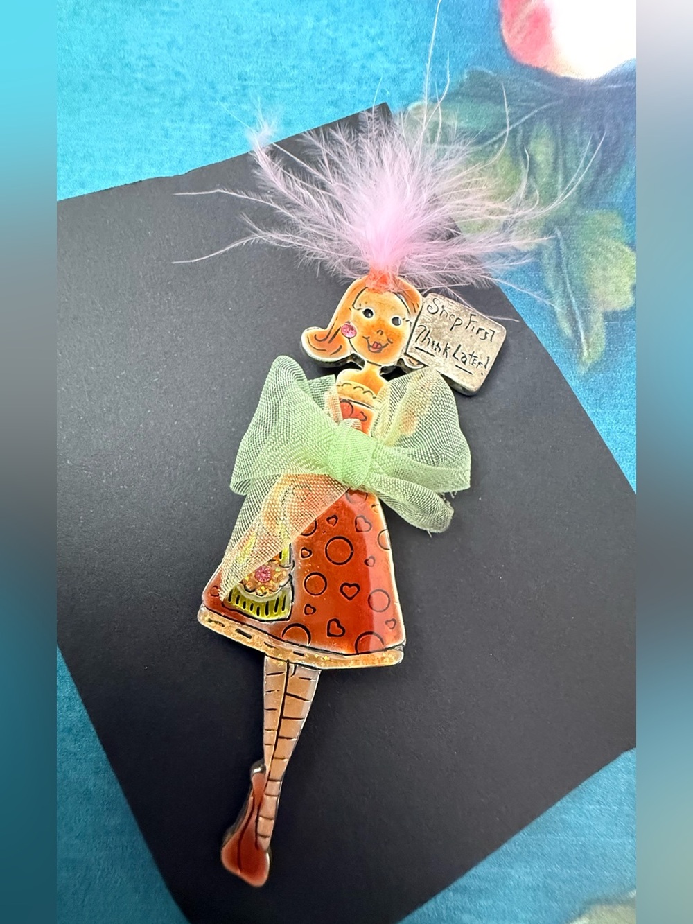 Whimsical Orange Heart Dress Pin with Pink Feather and Green Bow